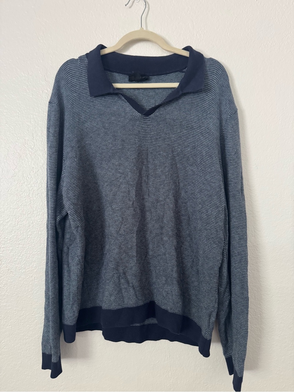 Magaschoni Navy Blue Textured V-Neck Sweater with Polo Collar